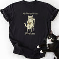 Black My Therapist Has Whiskers graphic tee with cat reading book design