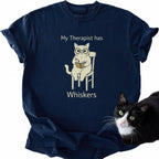 Navy blue My Therapist Has Whiskers cat graphic t-shirt for cat lovers