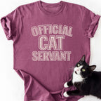 Maroon heathered funny cat shirt with 'Official Cat Servant' distressed print