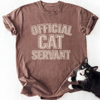 Brown garment-dyed cat servant graphic tee with distressed white text
