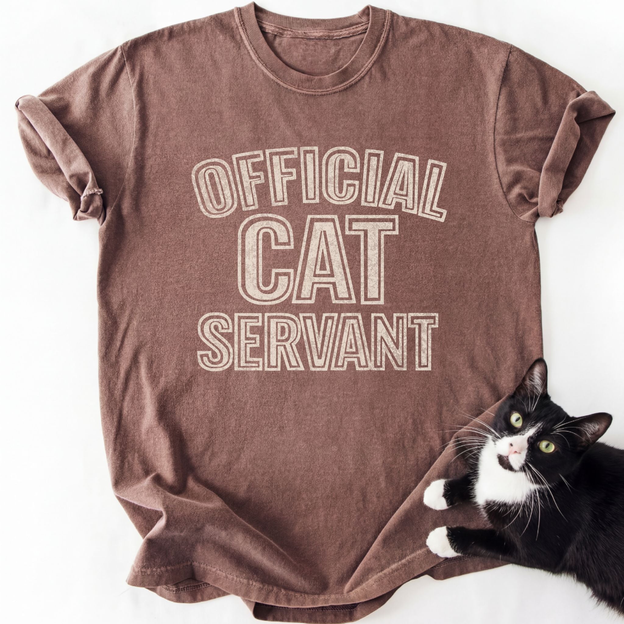 Brown garment-dyed cat servant graphic tee with distressed white text