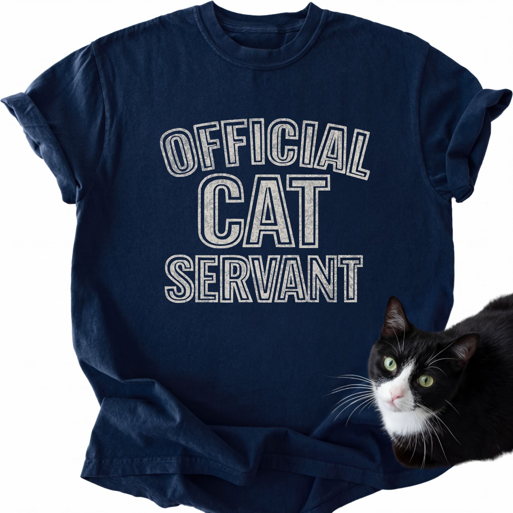 Navy blue official cat servant t-shirt featuring distressed block lettering