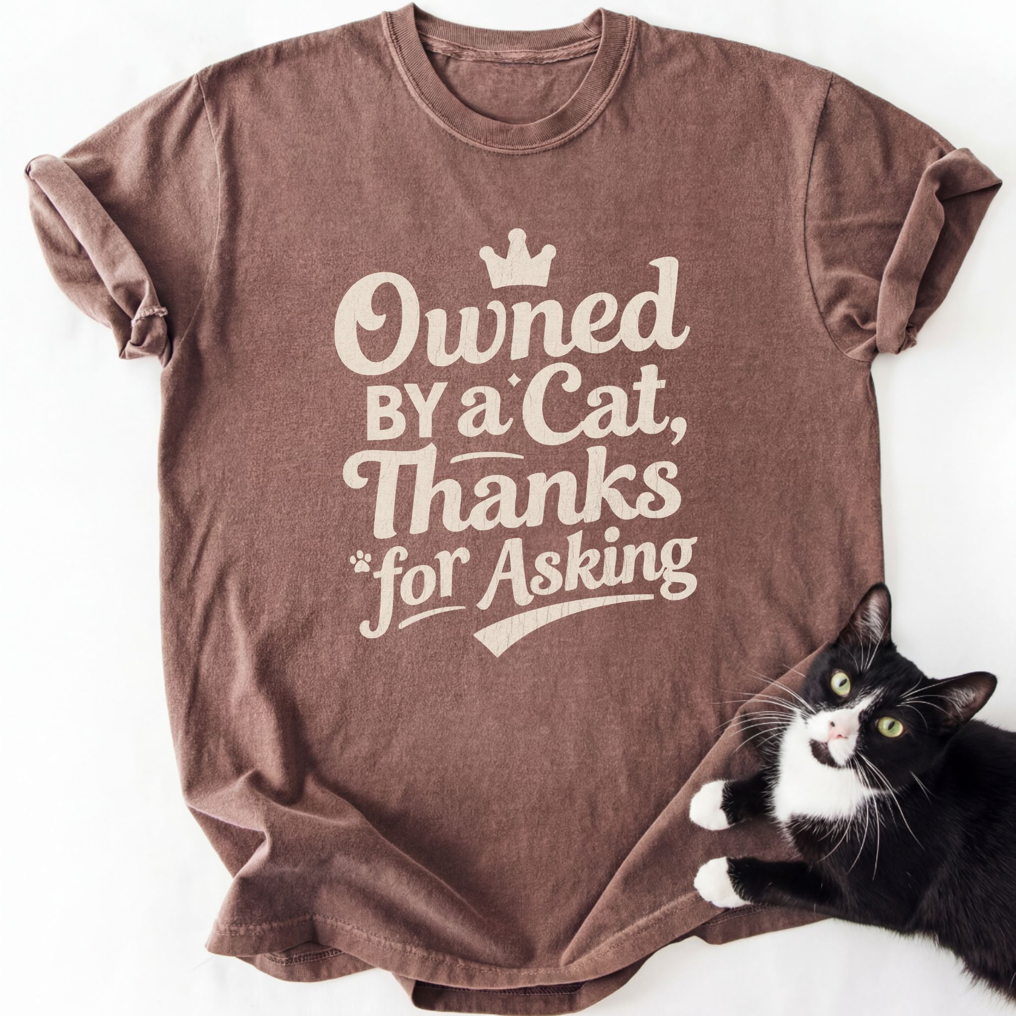 Brown 'Owned By a Cat' graphic tee for cat moms and dads