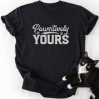 Black Pawsitively Yours cat lover t-shirt featuring white graphic print