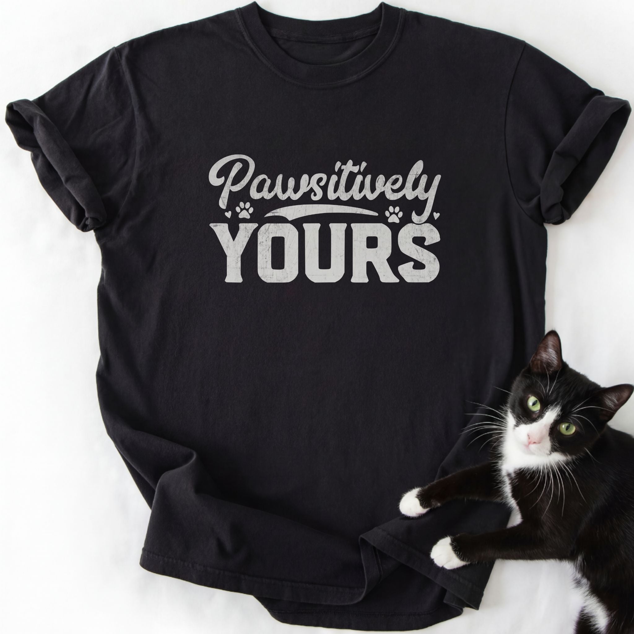 Black Pawsitively Yours cat lover t-shirt featuring white graphic print