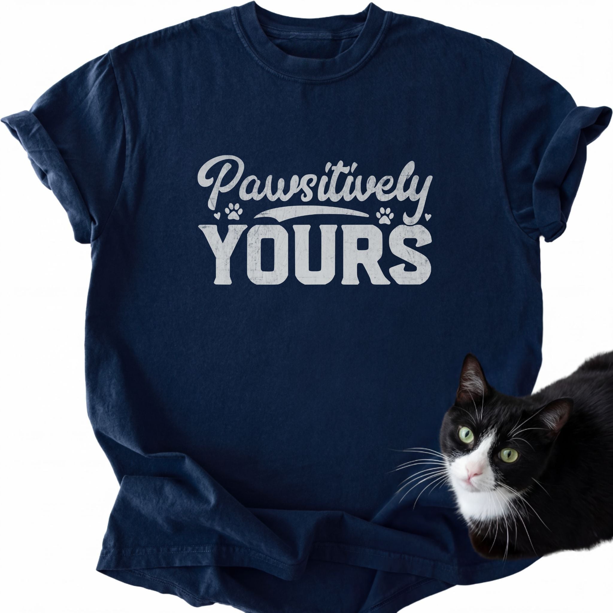 Navy blue Pawsitively Yours cat graphic tee with paw prints and hearts