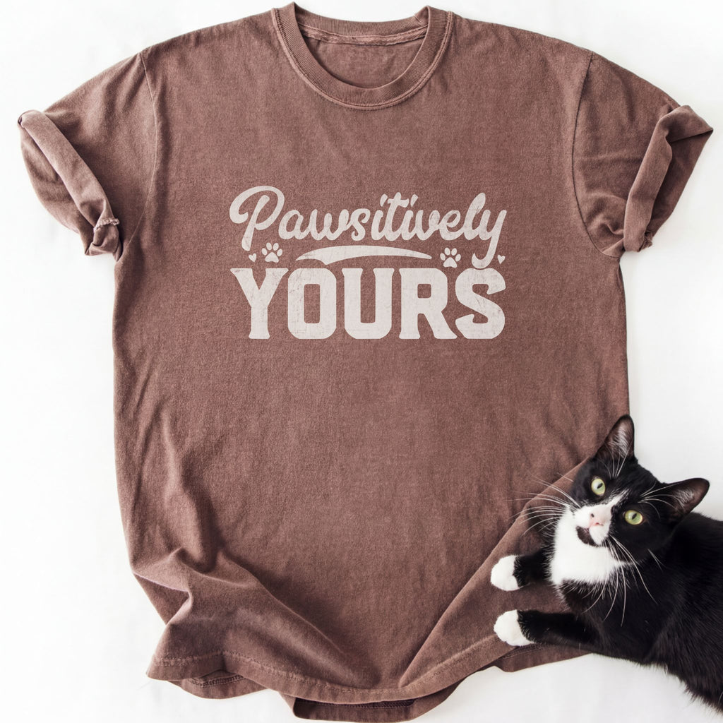 Brown heathered Pawsitively Yours cat aesthetic shirt with heart accents