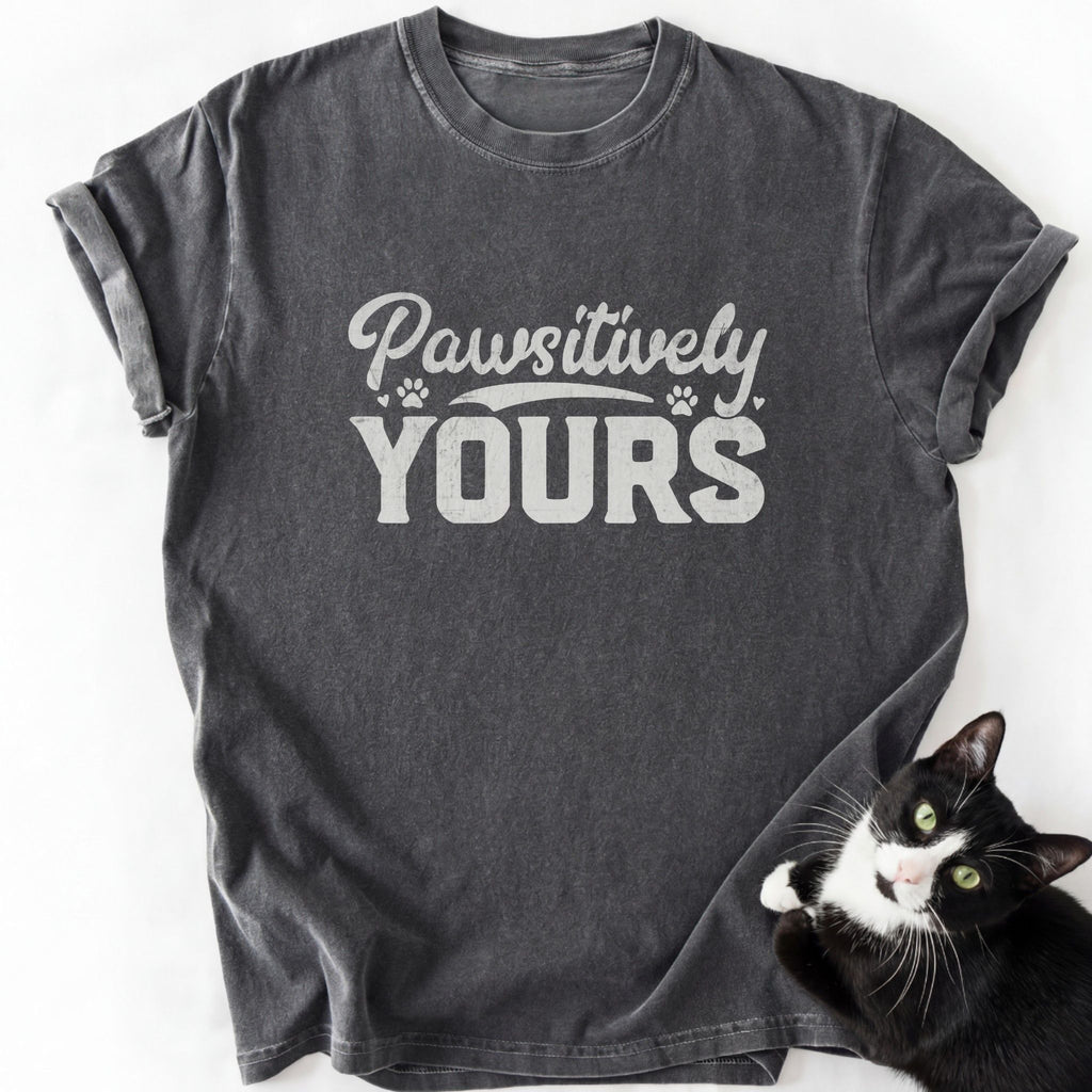 Dark gray faded Pawsitively Yours cat mom t-shirt with mixed font design