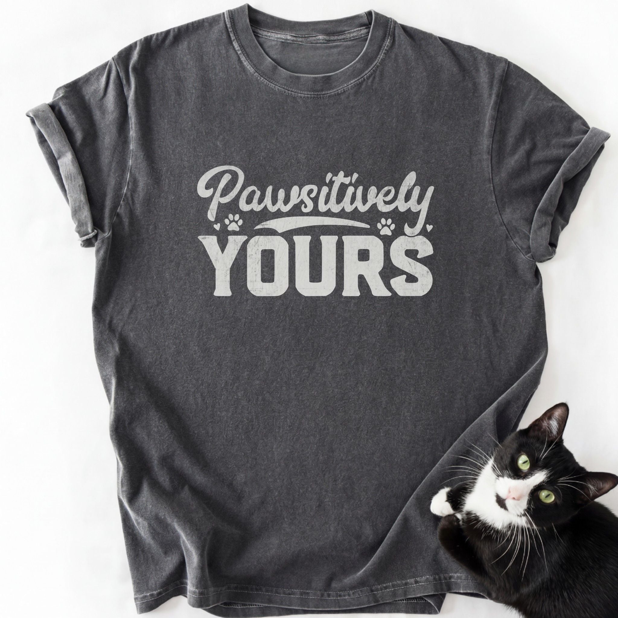Dark gray faded Pawsitively Yours cat mom t-shirt with mixed font design