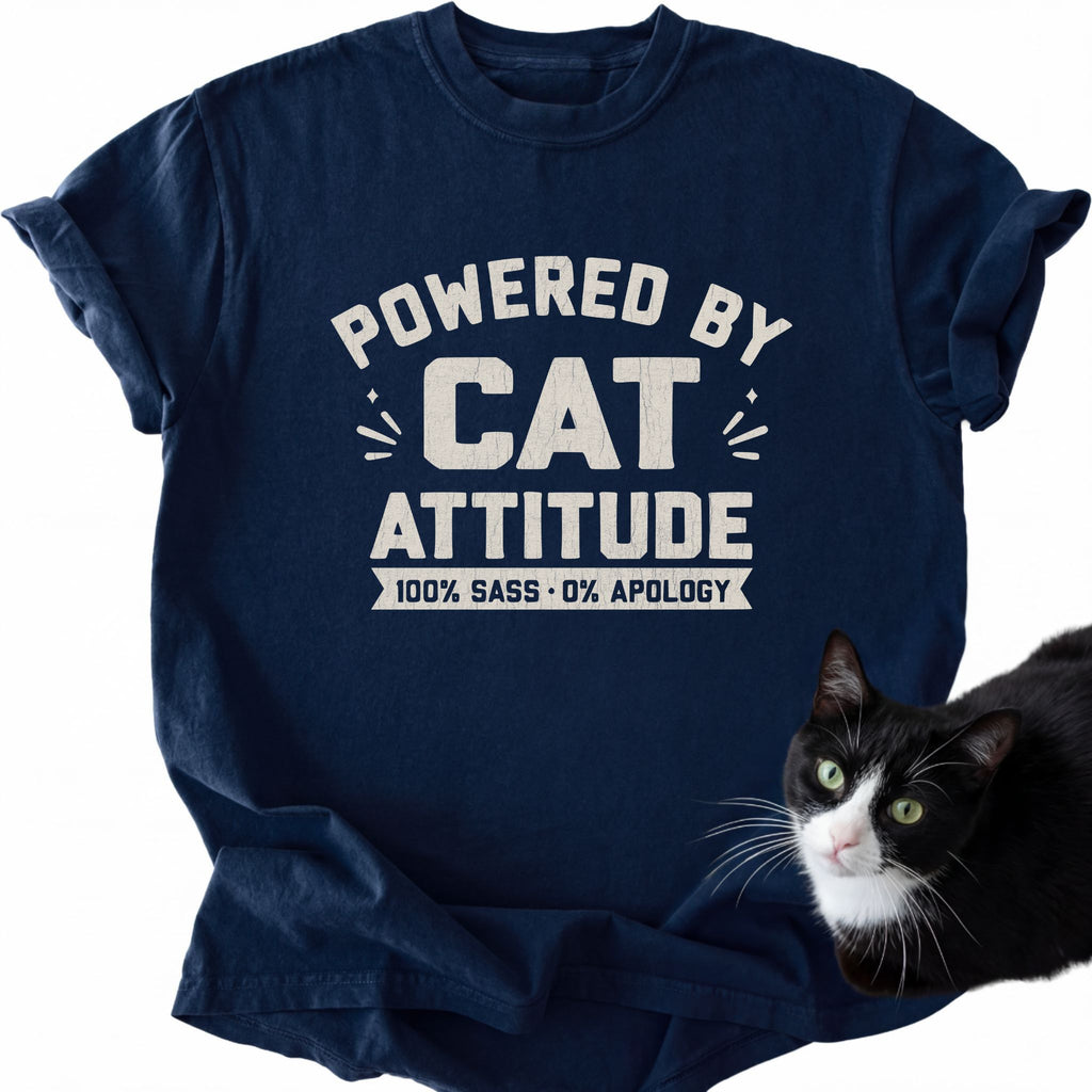 Navy blue garment-dyed cat humor t-shirt with bold lettering