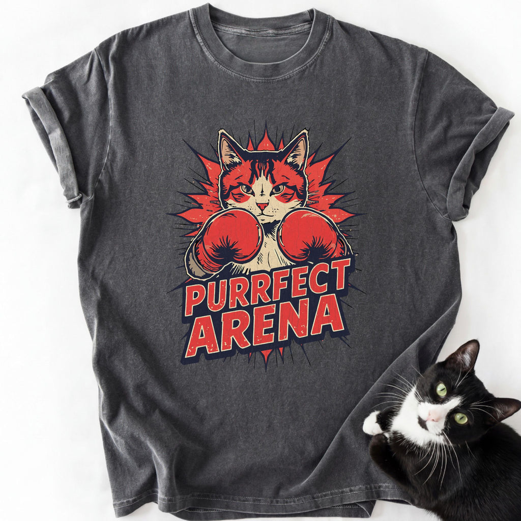 Dark gray heathered Purrfect Arena cat boxing graphic tee