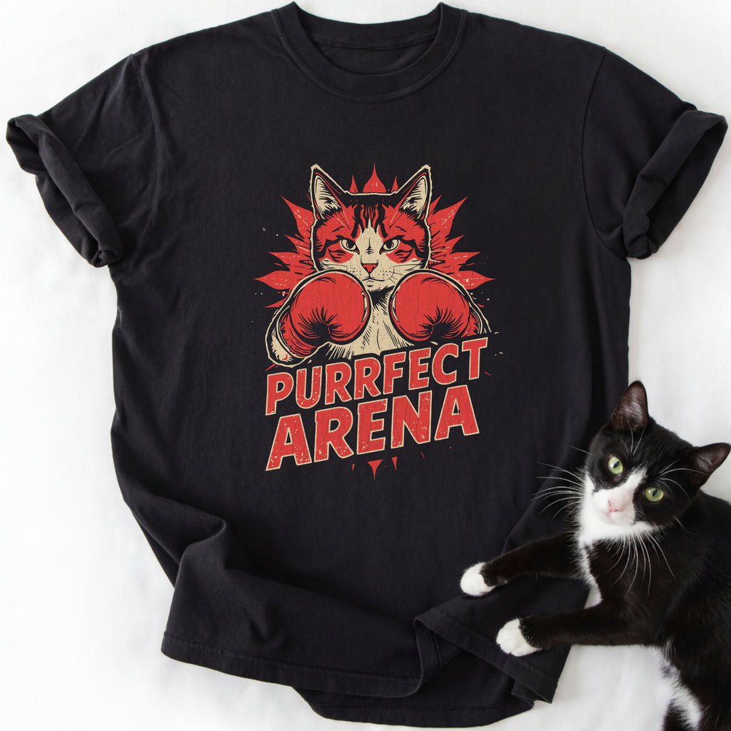 Black Purrfect Arena cat boxing graphic tee with relaxed fit