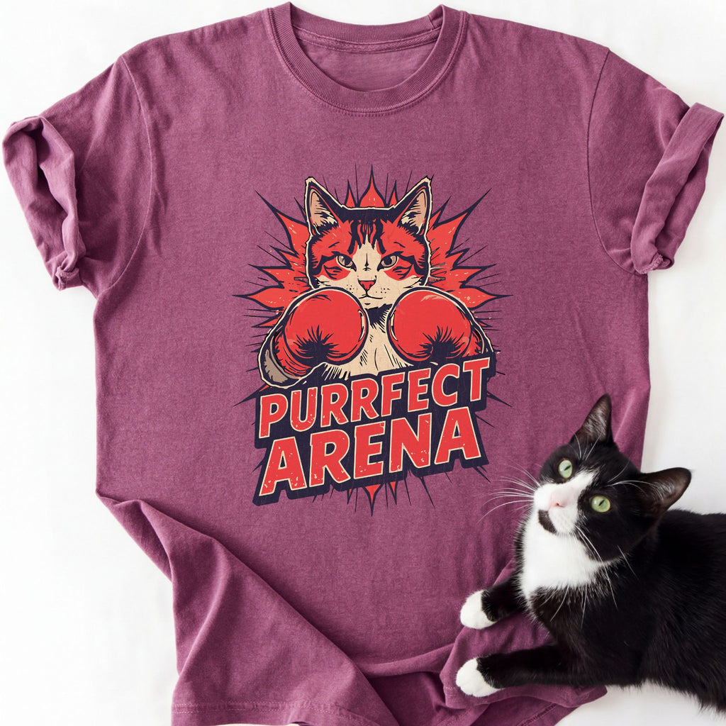Maroon Purrfect Arena cat boxing graphic tee with relaxed fit