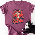 Maroon Purrfect Arena cat boxing graphic tee with relaxed fit