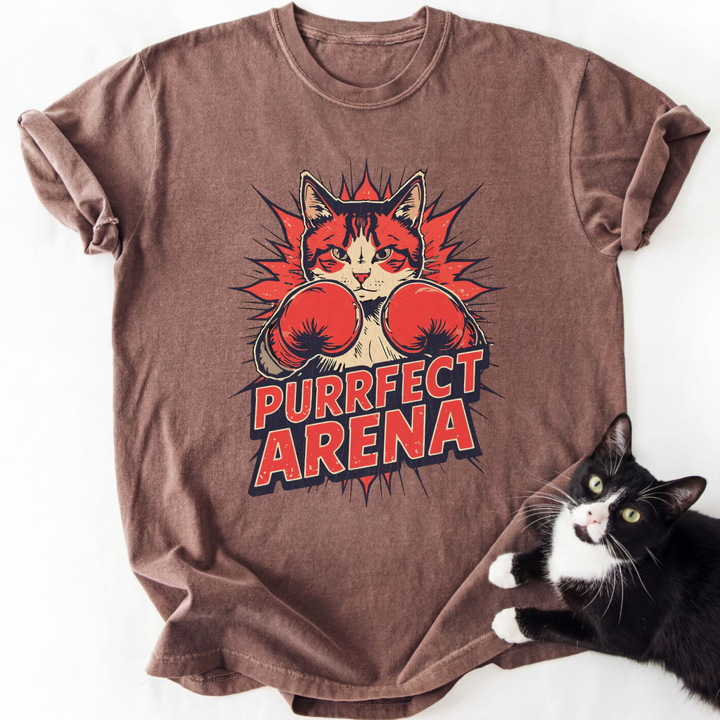 Brown Purrfect Arena cat boxing graphic tee with relaxed fit
