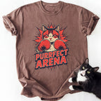 Brown Purrfect Arena cat boxing graphic tee with relaxed fit