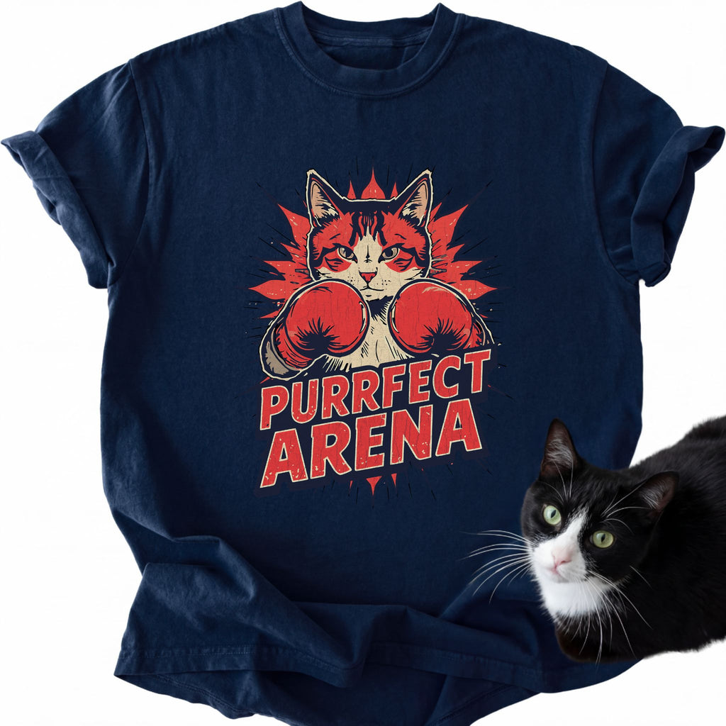 Navy blue Purrfect Arena cat boxing graphic tee with relaxed fit