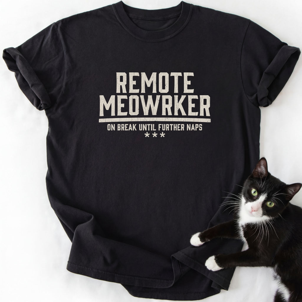 Black Remote Meowrker graphic tee with distressed cat humor text and relaxed fit