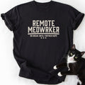 Black Remote Meowrker graphic tee with distressed cat humor text and relaxed fit