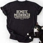 Black Remote Meowrker graphic tee with distressed cat humor text and relaxed fit