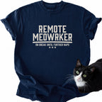 Navy blue Remote Meowrker t-shirt featuring funny cat dad slogan and soft cotton fabric