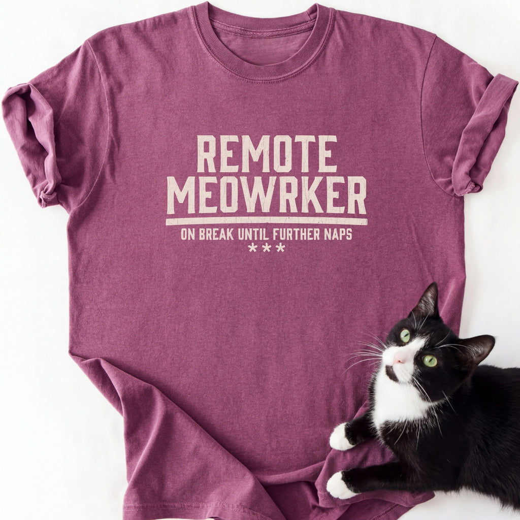 Mauve heather Remote Meowrker crew neck shirt for cat lovers with garment-dyed texture