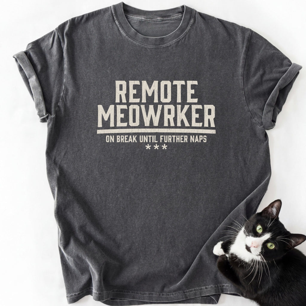 Dark gray heather Remote Meowrker graphic tee with bold cat meme design and durable stitching