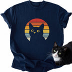 Retro black cat sunset graphic tee in navy blue with yellow eyes