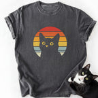 Retro black cat sunset graphic tee in dark gray with yellow eyes