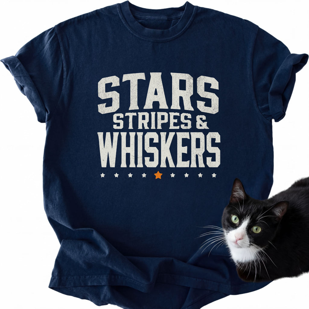 Navy Stars Stripes Whiskers graphic tee with cat design