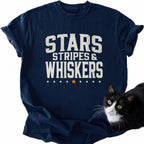 Navy Stars Stripes Whiskers graphic tee with cat design