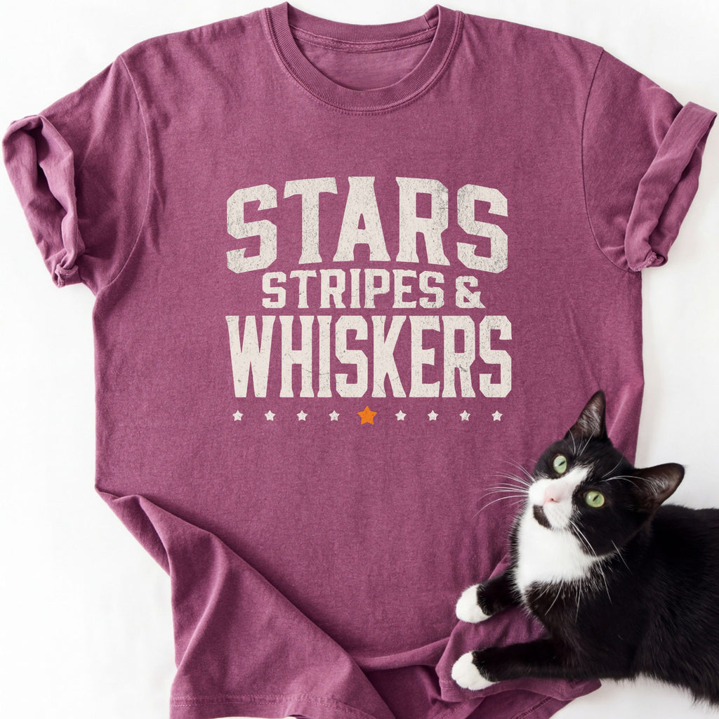 Maroon heather Stars Stripes Whiskers graphic tee for cats