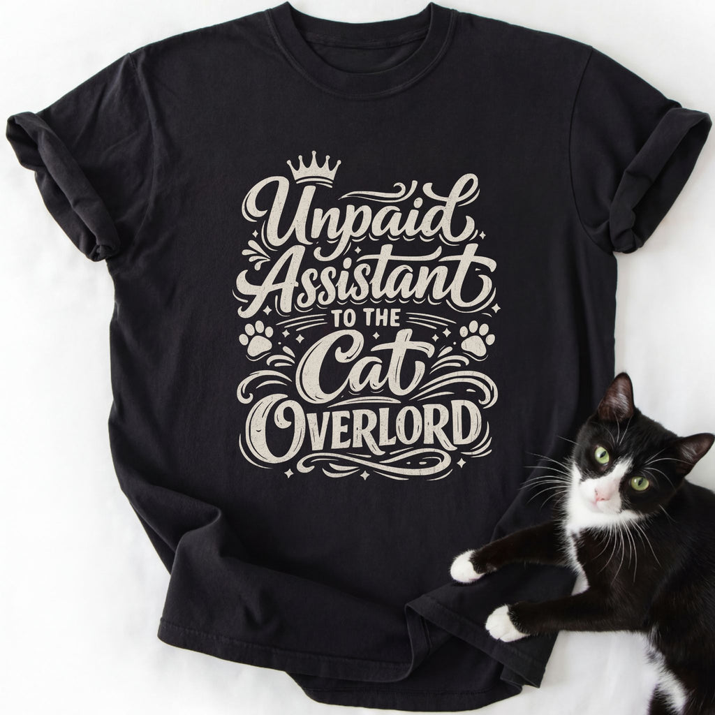 Black Unpaid Assistant to the Cat Overlord graphic tee with cat print