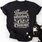 Black Unpaid Assistant to the Cat Overlord graphic tee with cat print