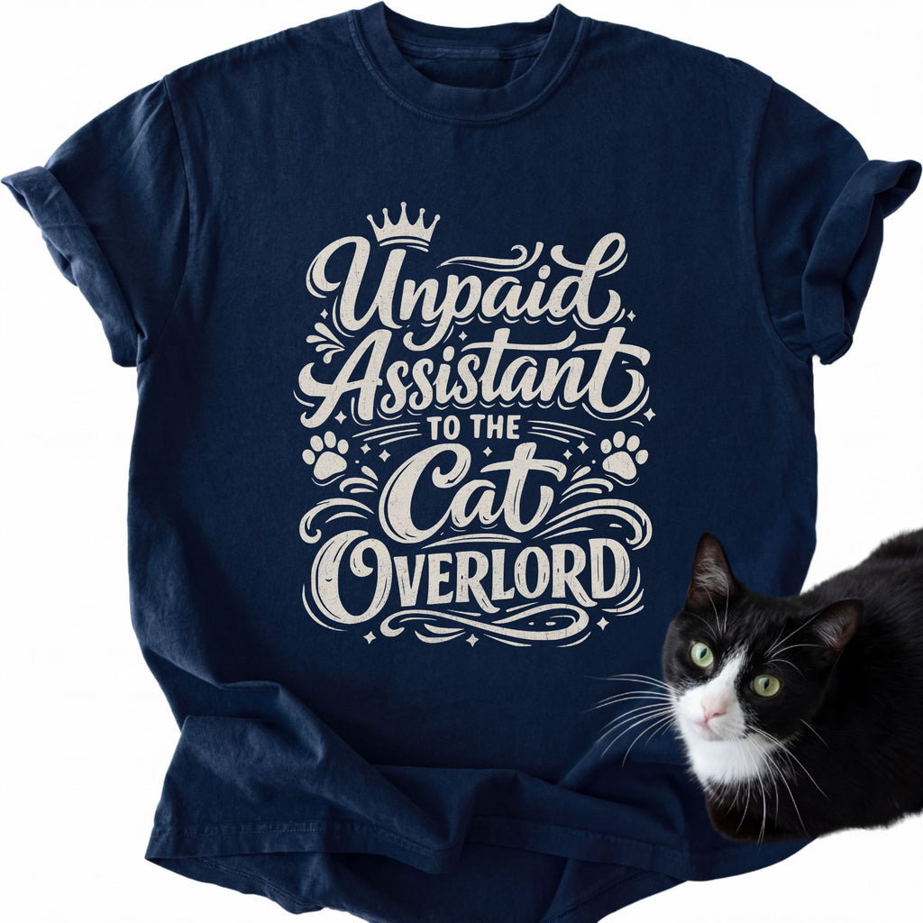 Navy blue Unpaid Assistant to the Cat Overlord graphic tee with cat print