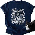 Navy blue Unpaid Assistant to the Cat Overlord graphic tee with cat print