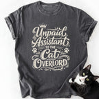 Dark gray Unpaid Assistant to the Cat Overlord graphic tee with cat print