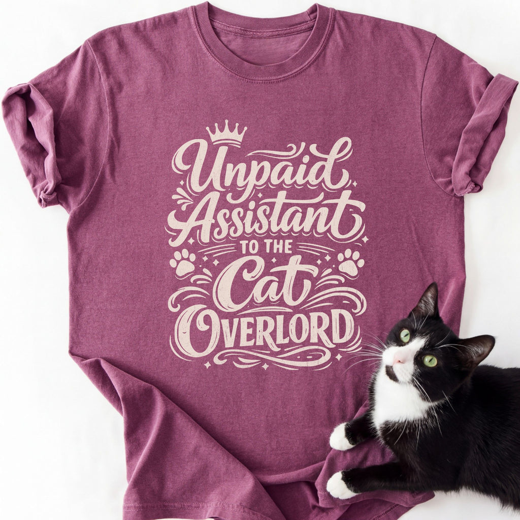 Maroon heather Unpaid Assistant to the Cat Overlord graphic tee with cat print