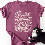 Maroon heather Unpaid Assistant to the Cat Overlord graphic tee with cat print