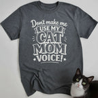 Dark heather funny cat t-shirt with cat mom voice graphic — Gildan soft cotton cat lover tee