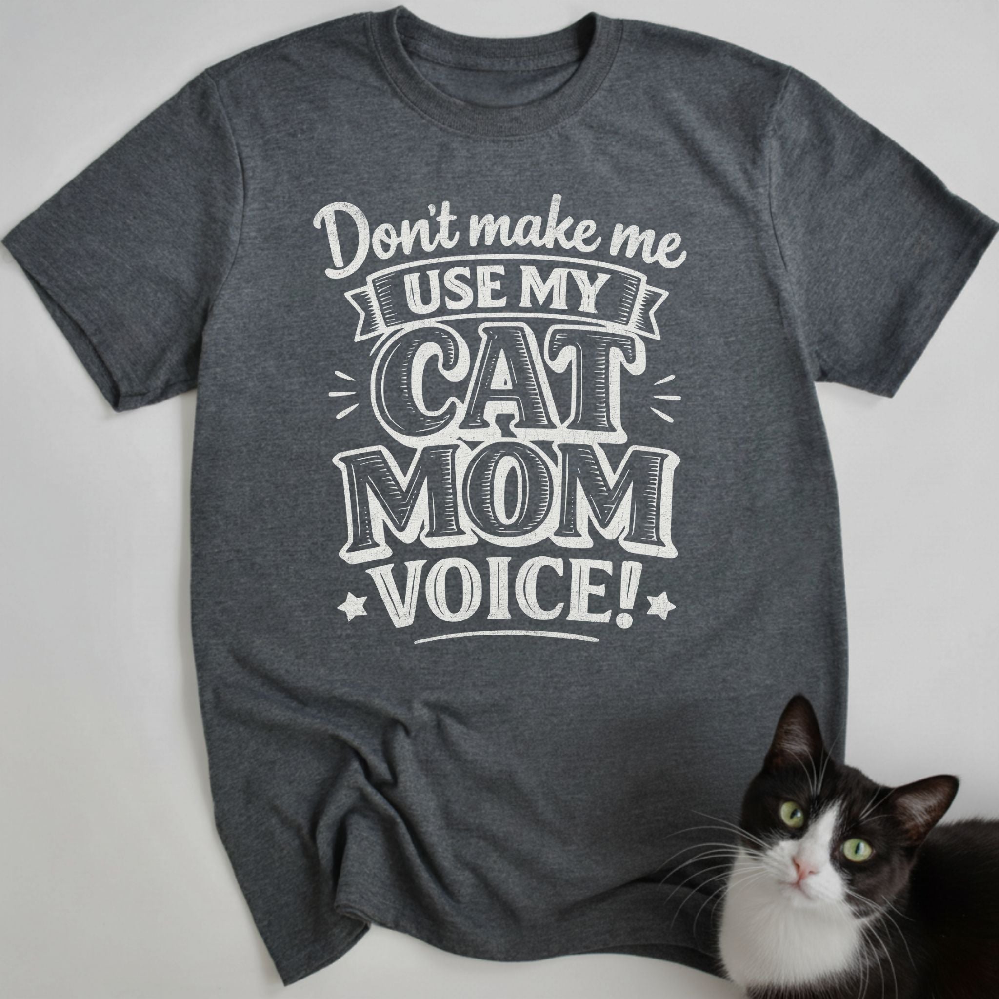 Dark heather funny cat t-shirt with cat mom voice graphic — Gildan soft cotton cat lover tee