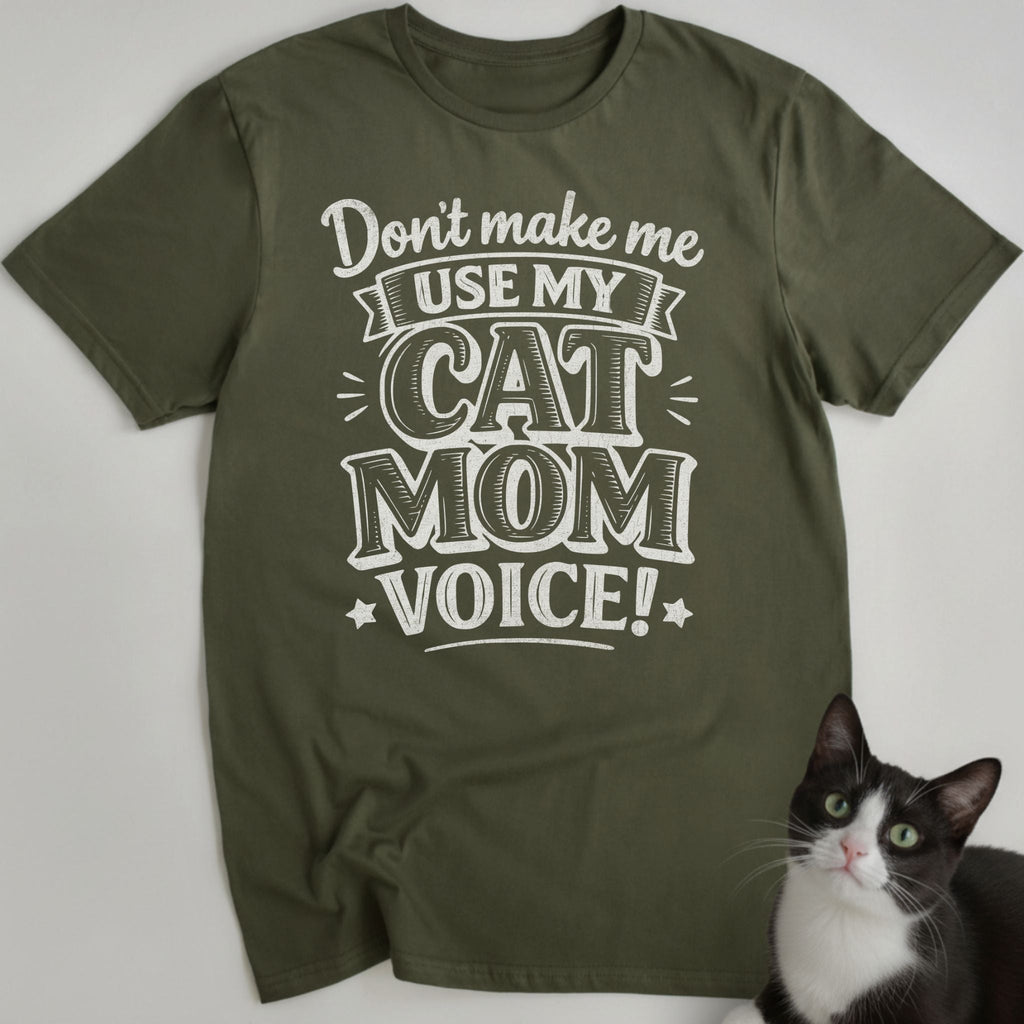 Navy blue cat mom shirt with cat mom voice text graphic — funny cat t-shirt gift for cat mom