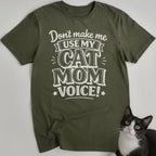 Navy blue cat mom shirt with cat mom voice text graphic — funny cat t-shirt gift for cat mom