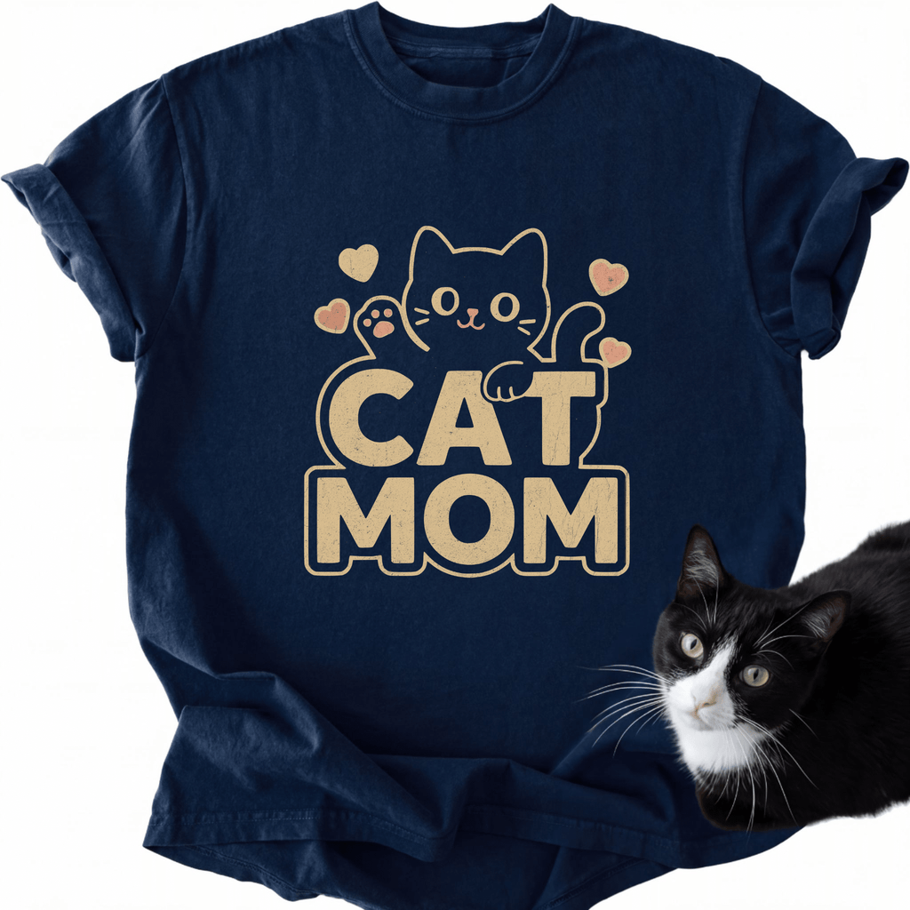 Cute Cat Mom graphic tee in dark navy with distressed beige text and cat outline