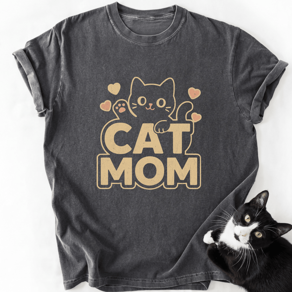 Cat Mom graphic t-shirt in slate gray featuring bold beige lettering and cat design