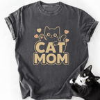 Cat Mom graphic t-shirt in slate gray featuring bold beige lettering and cat design