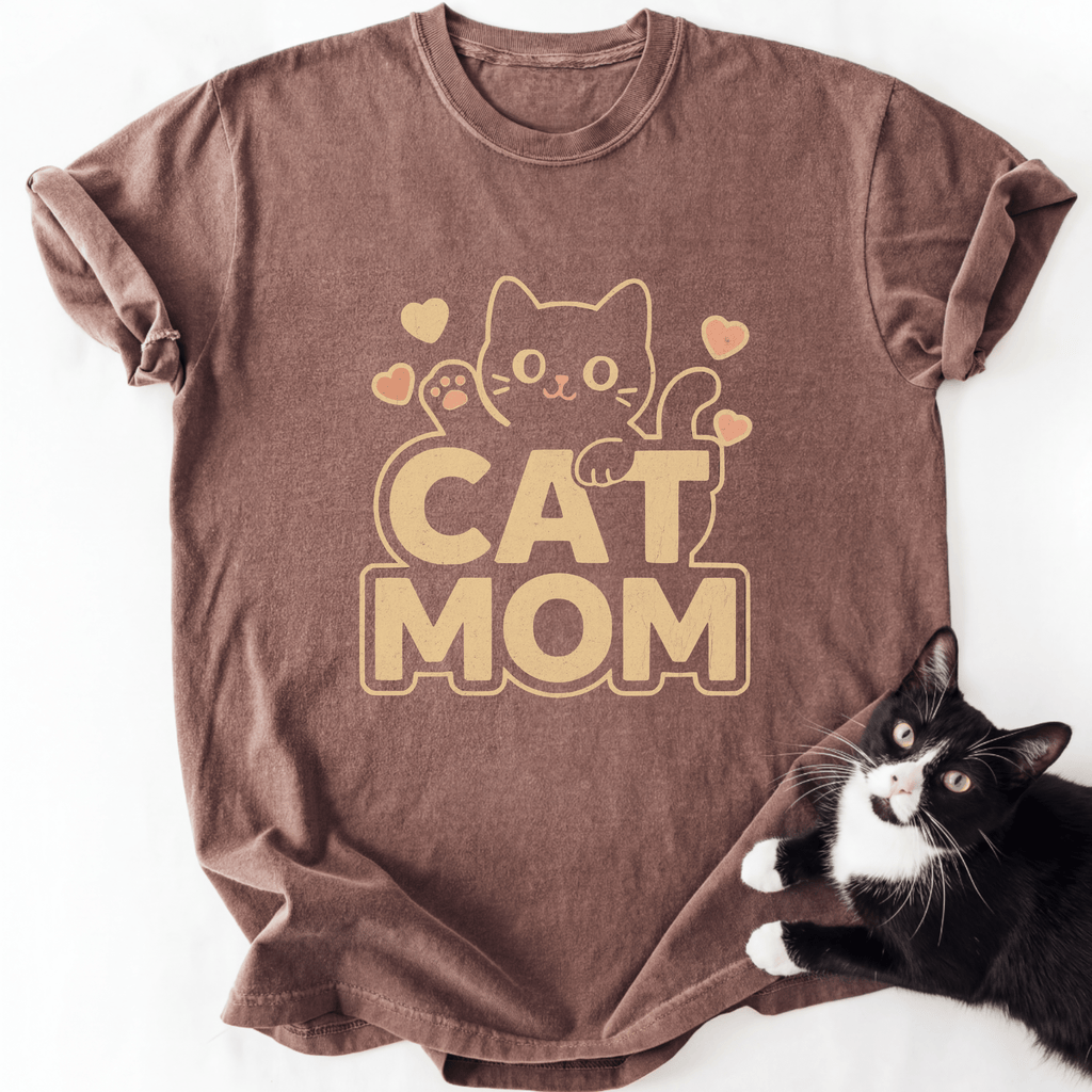 Rust brown Cat Mom graphic tee with distressed beige print and black cat outline