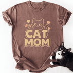 Rust brown Cat Mom graphic tee with distressed beige print and black cat outline