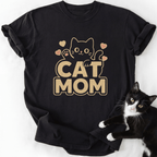 Black Cat Mom graphic tee with distressed beige text and stylized cat outline