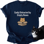 Navy blue cat meme t-shirt with tan cartoon cat in box and 'Easily Distracted by Empty Boxes' print